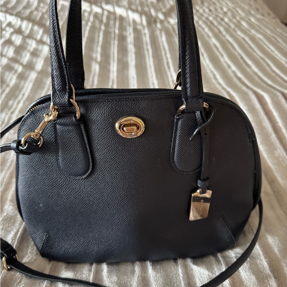 Coach Black Leather Dome Satchel with Gold Accents